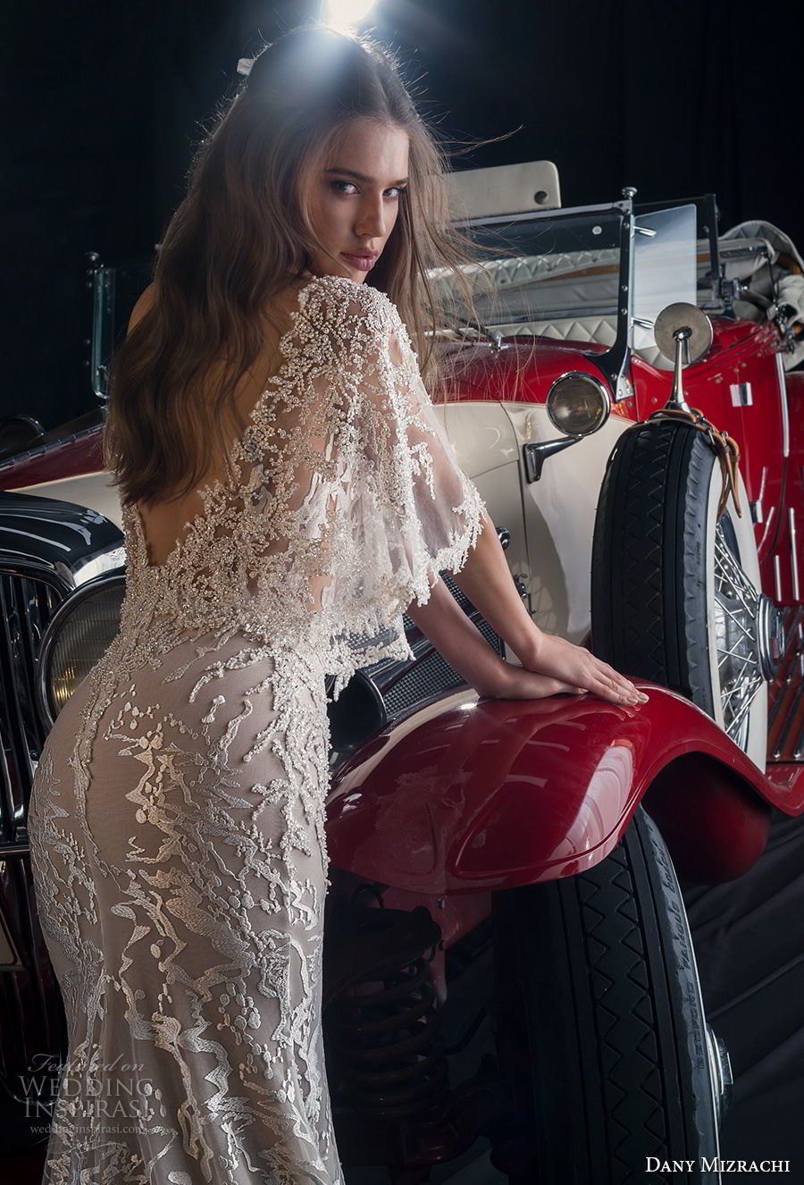 dany mizrachi fall 2018 bridal half butterfly sleeves sheer bateau deep v neckline full embellishment romantic bohemian fit and flare wedding dress v back chapel train (4) bv