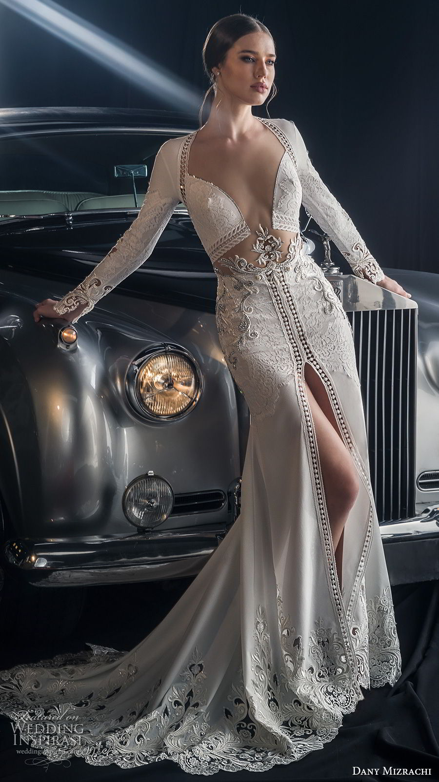 dany mizrachi fall 2018 bridal long sleeves diamond neckline heavily embellished middle slit skirt bodice sexy glamorous sheath wedding dress keyhole back sweep train (12) mv