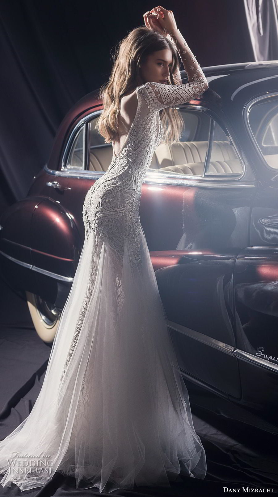 dany mizrachi fall 2018 bridal long sleeves v neck full embellishment sexy glamorous fit and flare wedding dress a  line overskirt v back chapel train (2) bv