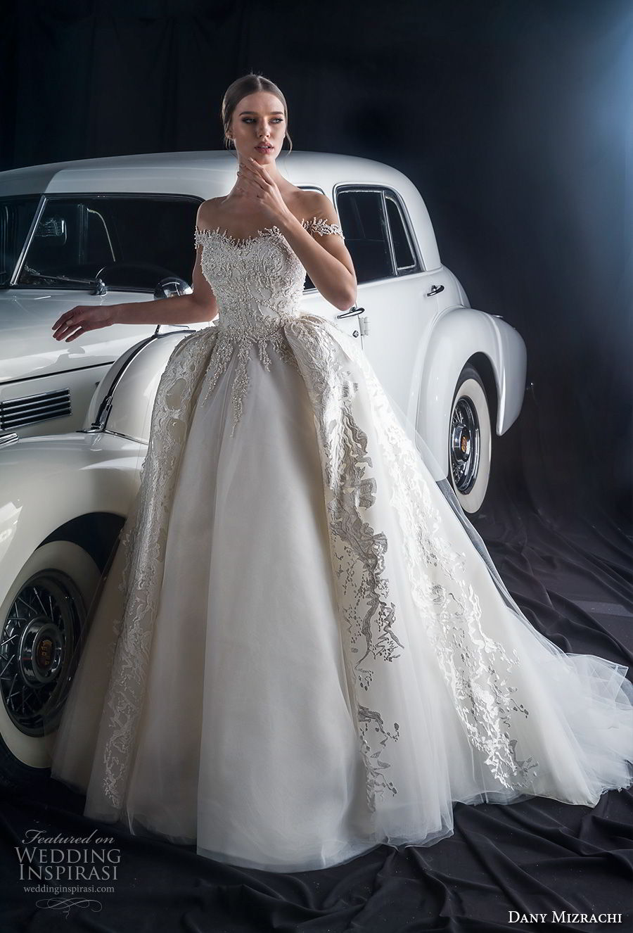 dany mizrachi fall 2018 bridal off the shoulder sweetheart neckline heavily embellished bodice princess glitzy ball gown wedding dress a  line overskirt chapel train (1) mv