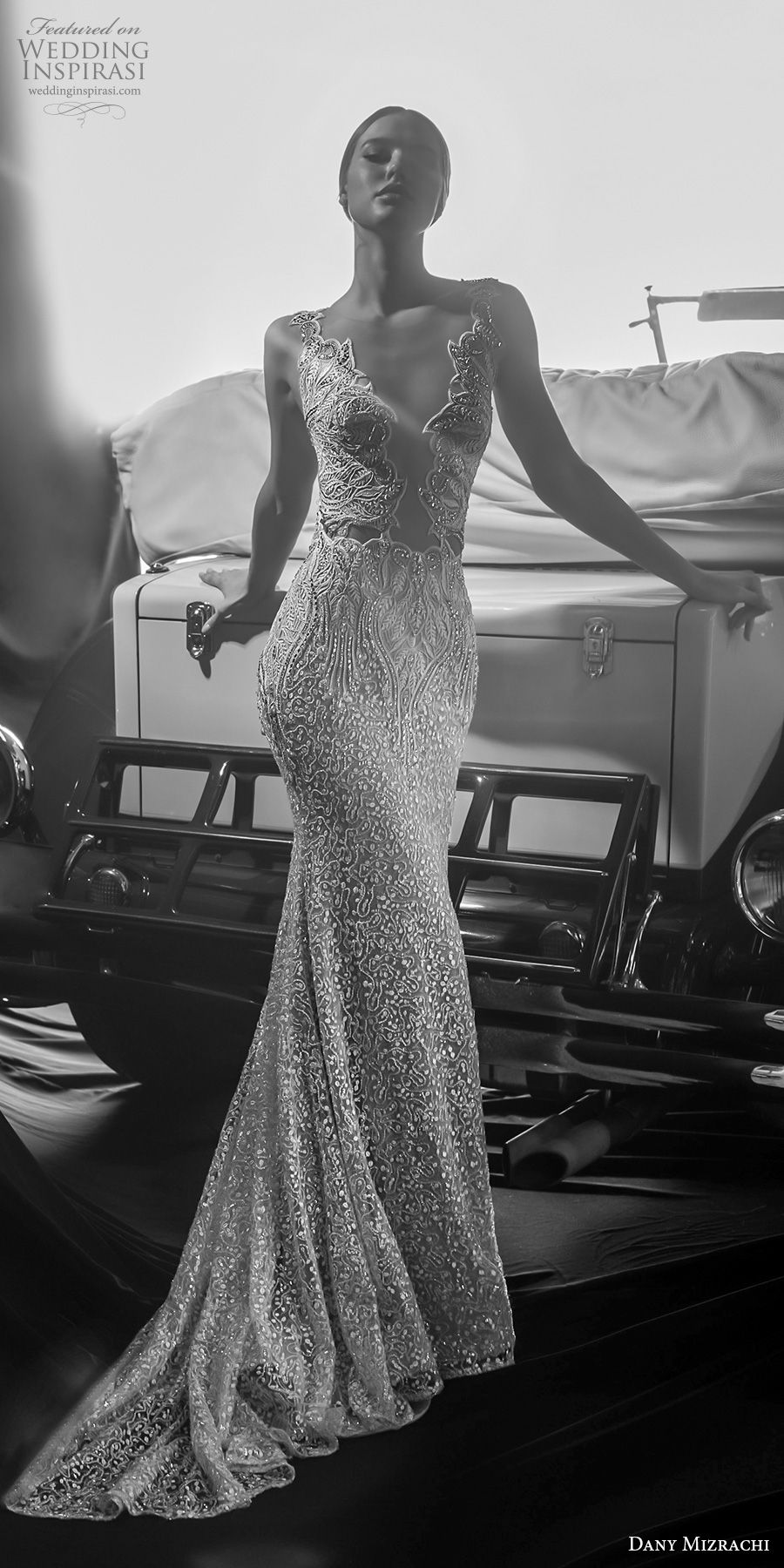 dany mizrachi fall 2018 bridal sleeveless with strap deep plunging v neck full embellishment glitzy elegant sexy sheth wedding dress low open back short train (10) mv