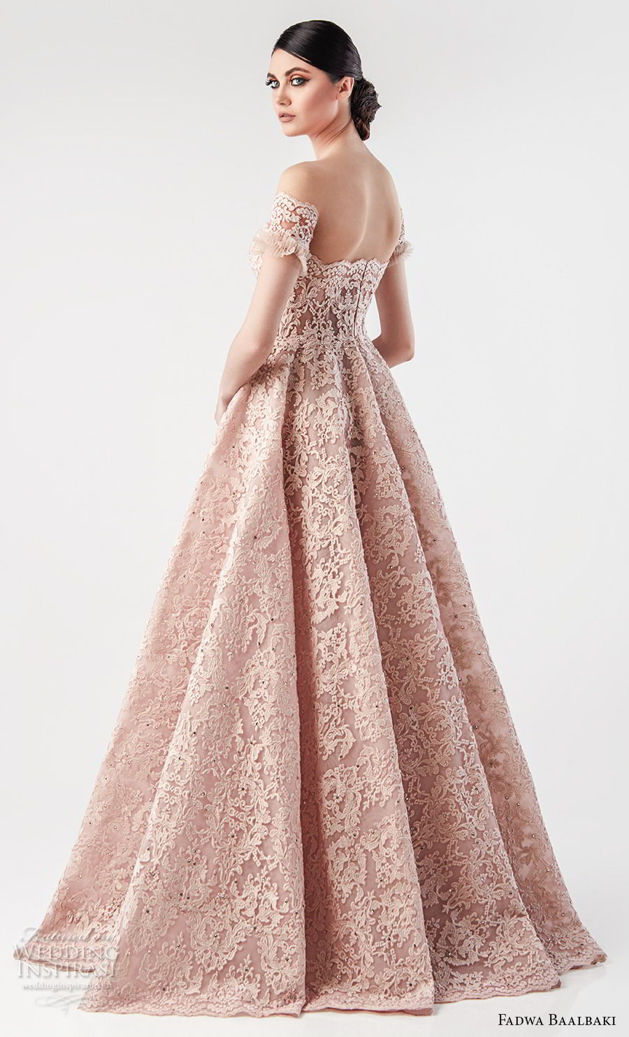 fadwa baalbaki spring 2018 couture off the shoulder curved neckline full embellishment romantic princess pink blush a  line wedding dress sweep train (1) bv