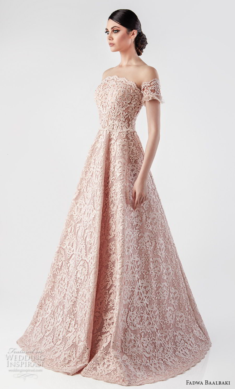 fadwa baalbaki spring 2018 couture off the shoulder curved neckline full embellishment romantic princess pink blush a  line wedding dress sweep train (1) mv