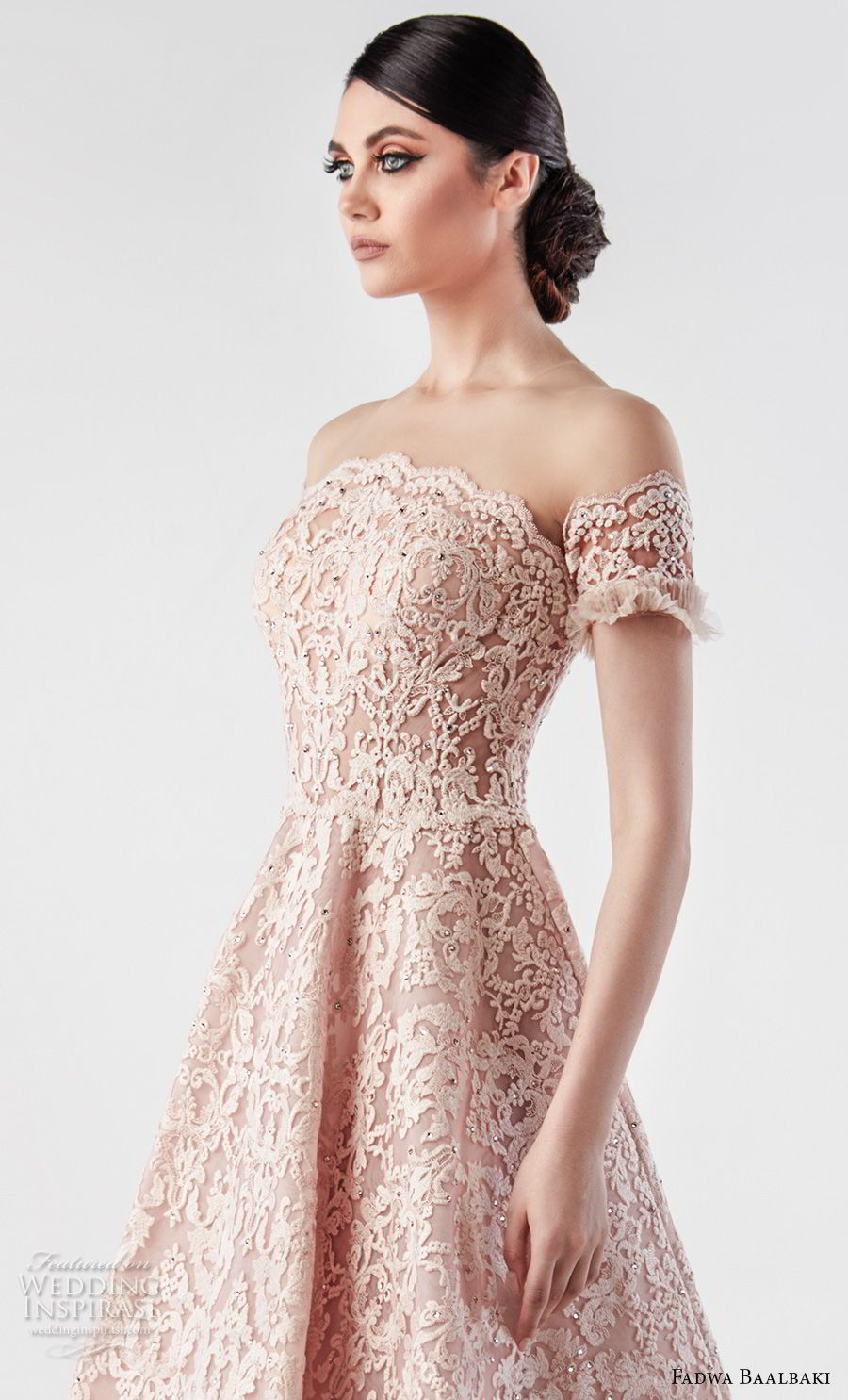 fadwa baalbaki spring 2018 couture off the shoulder curved neckline full embellishment romantic princess pink blush a  line wedding dress sweep train (1) zv