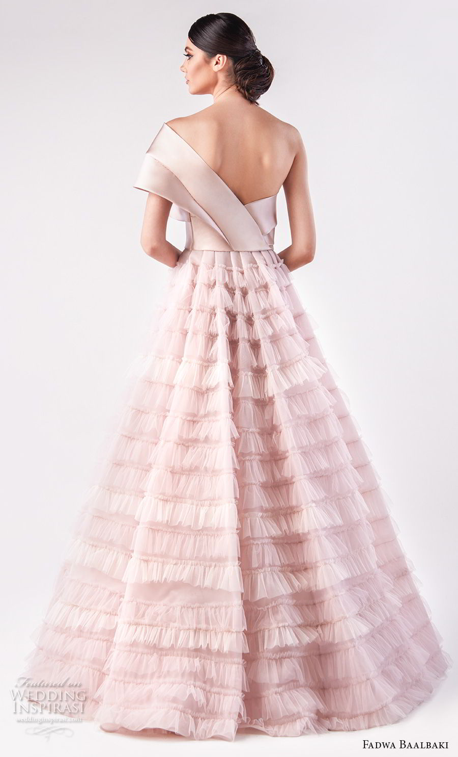 fadwa baalbaki spring 2018 couture one shoulder tiered bodice ruffled skirt romantic pink a  line wedding dress (7) bv