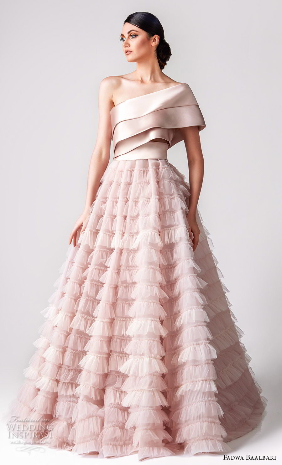 fadwa baalbaki spring 2018 couture one shoulder tiered bodice ruffled skirt romantic pink a  line wedding dress (7) mv