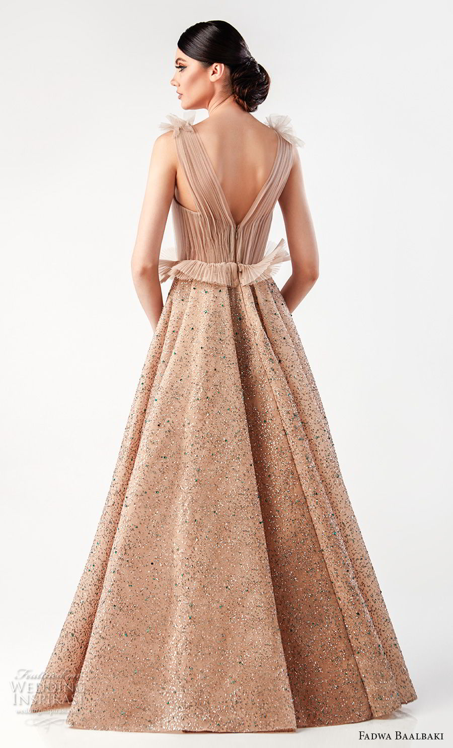 fadwa baalbaki spring 2018 couture sleeveless deep v neck ruched bodice embellished skirt glamorous champagne gold a  line wedding dress v back (4) bv