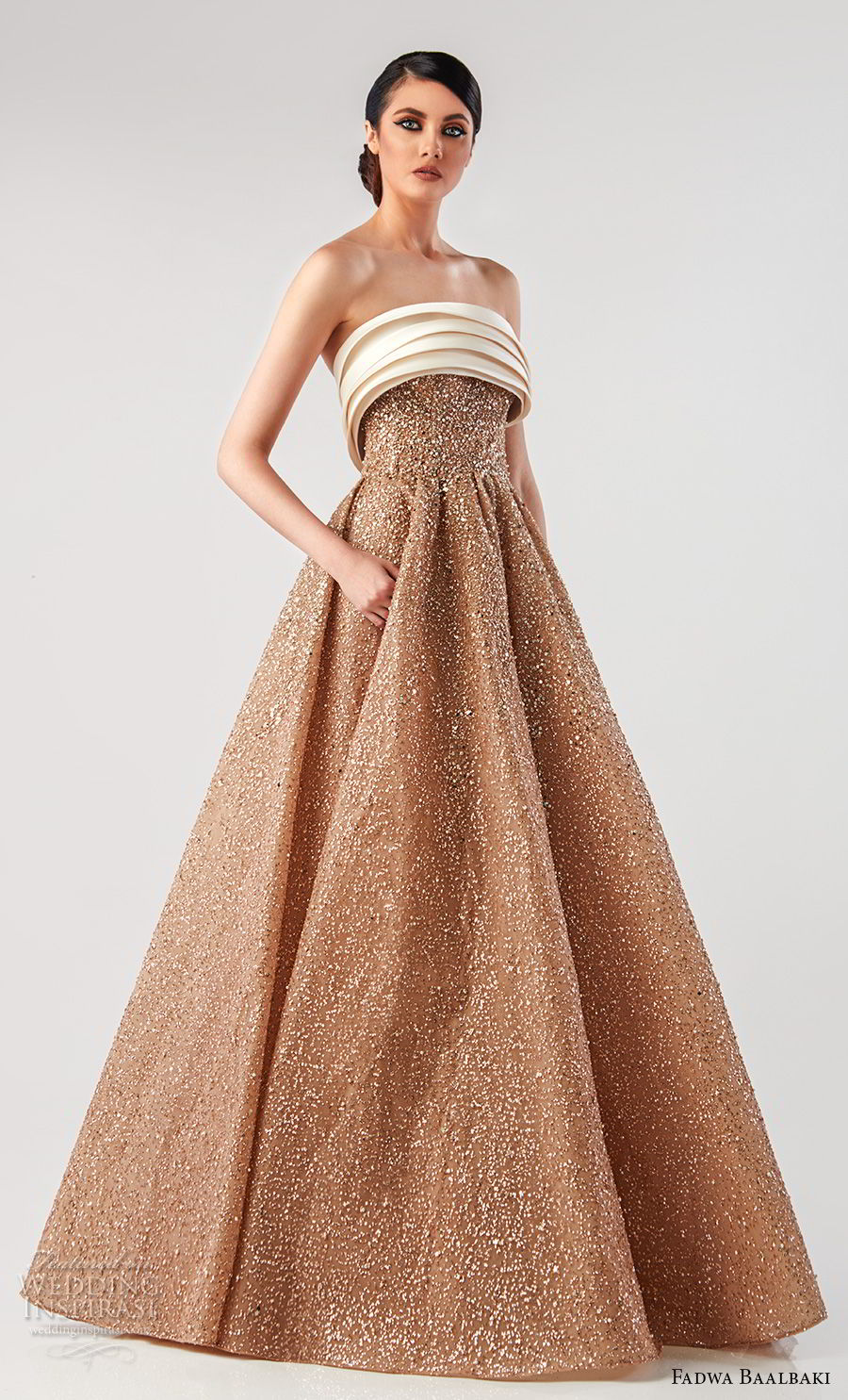 fadwa baalbaki spring 2018 couture strapless straight across neckline full embellishment glizty glamorous gold color a  line wedding dress open back (6) mv