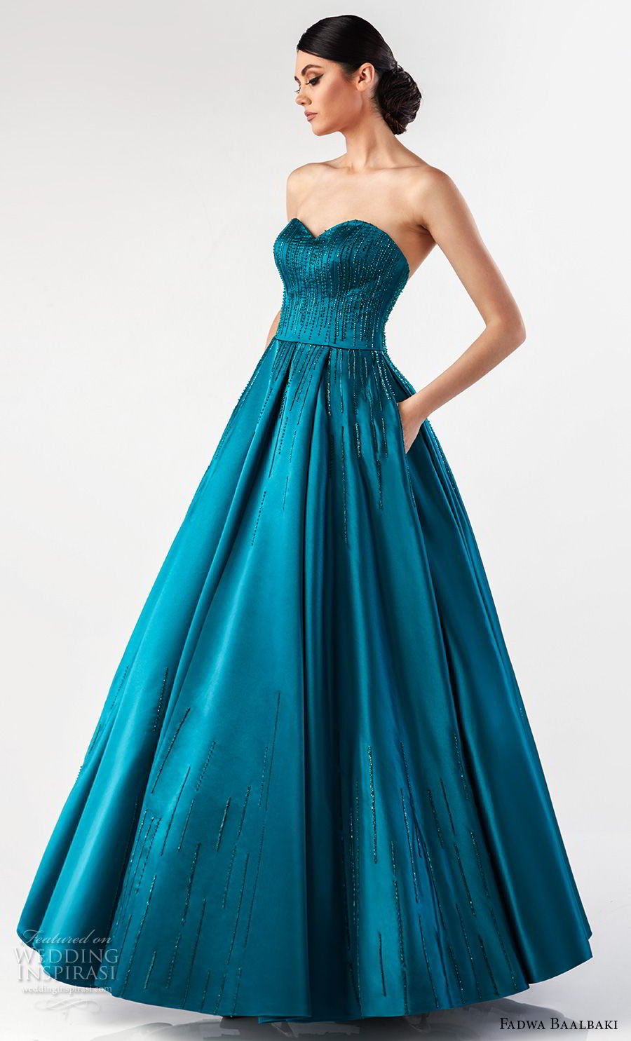 fadwa baalbaki spring 2018 couture strapless sweetheart neckline heavily embellished bodice glamorous teal a  line wedding dress with pockets (9) mv