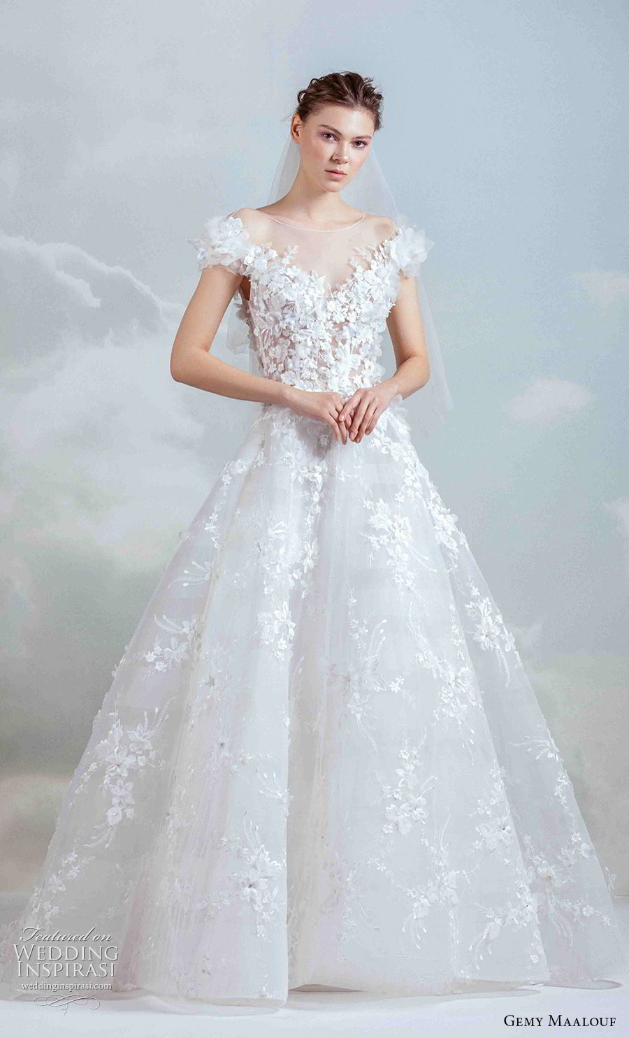 gemy maalouf 2019 bridal cap sleeves illusion bateau sweetheart neckline heavily embellished bodice romantic ball gown a  line wedding dress (8) mv