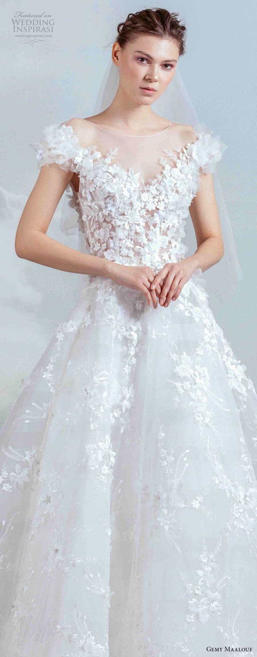 gemy maalouf 2019 bridal cap sleeves illusion bateau sweetheart neckline heavily embellished bodice romantic ball gown a  line wedding dress (8) zv