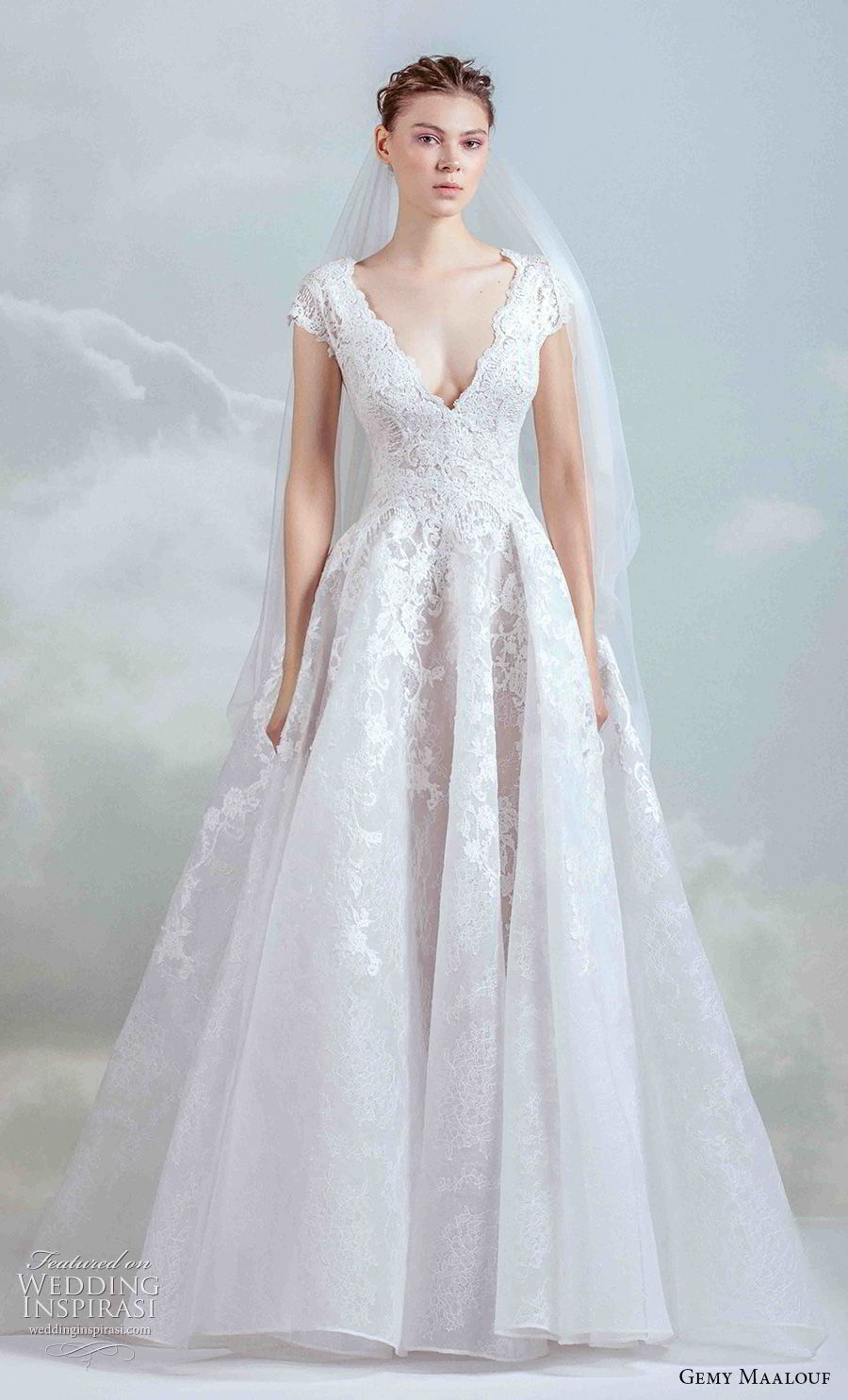 gemy maalouf 2019 bridal cap sleeves v neck heavily embellished bodice romantic princess a  line wedding dress (10) mv