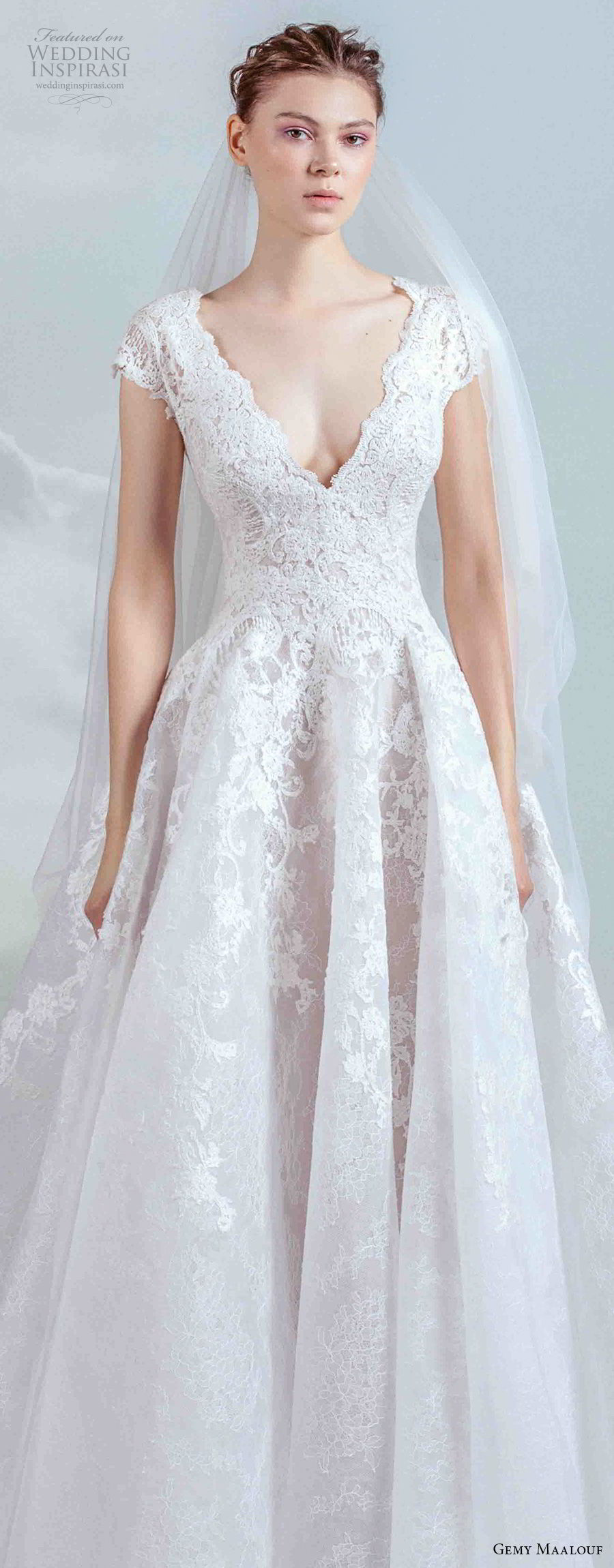 gemy maalouf 2019 bridal cap sleeves v neck heavily embellished bodice romantic princess a  line wedding dress (10) zv