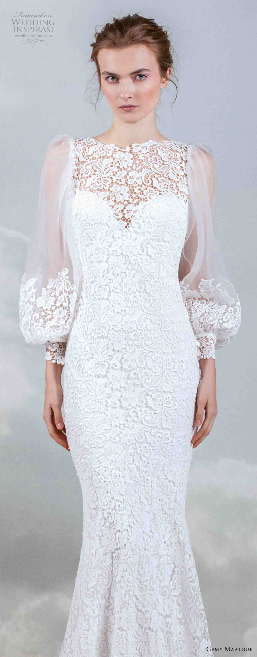 gemy maalouf 2019 bridal long bishop sleeves illusion bateau sweetheart neckline full embellishment elegant romantic fit and flare wedding dress sweep train (16) zv