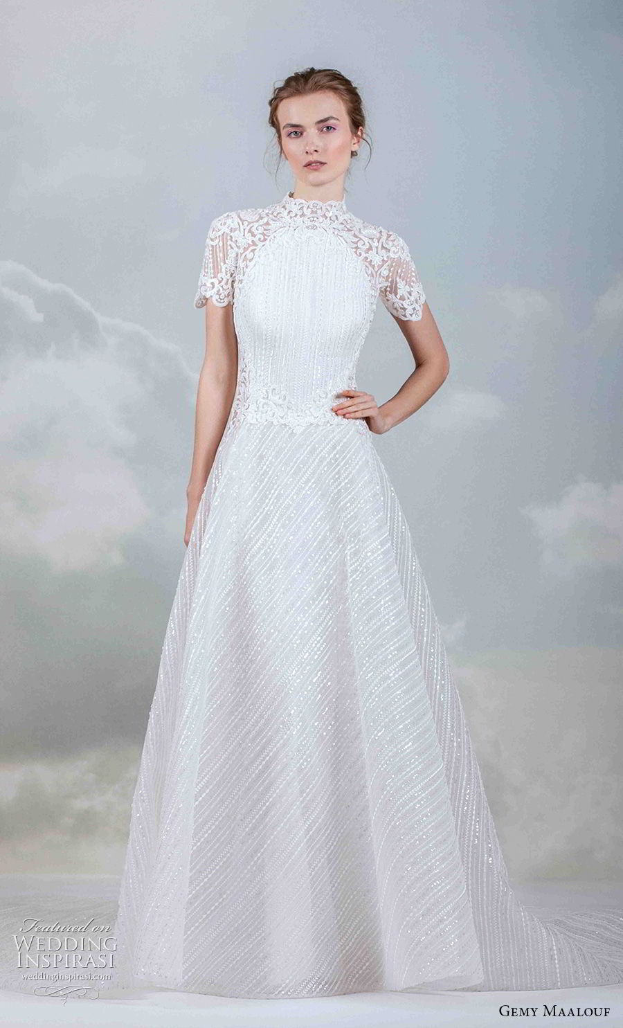 gemy maalouf 2019 bridal short sleeves high neck full embellishment elegant modest a  line wedding dress chapel train (19) mv