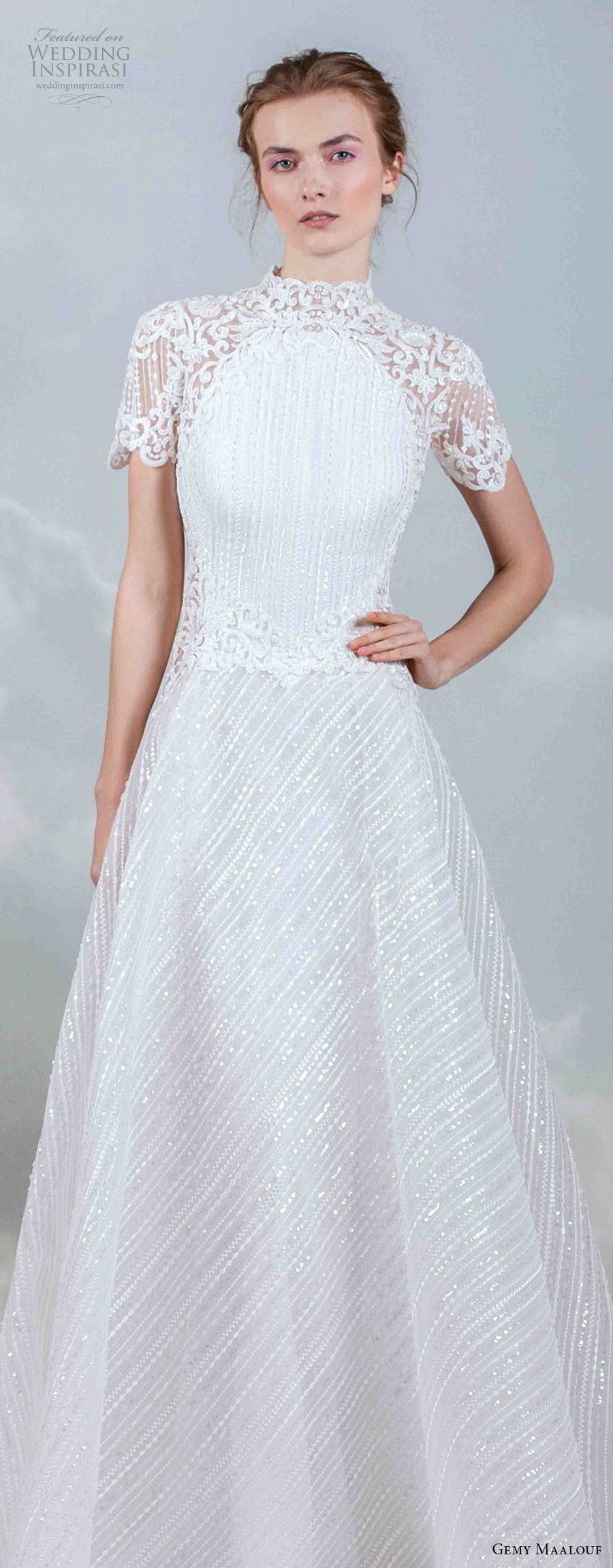gemy maalouf 2019 bridal short sleeves high neck full embellishment elegant modest a  line wedding dress chapel train (19) zv
