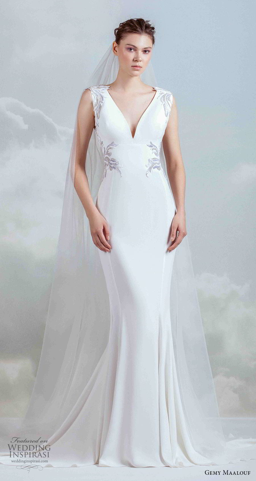 gemy maalouf 2019 bridal sleeveless deep v neck lightly embellished bodice simple elegant fit and flare wedding dress chapel train (9) mv