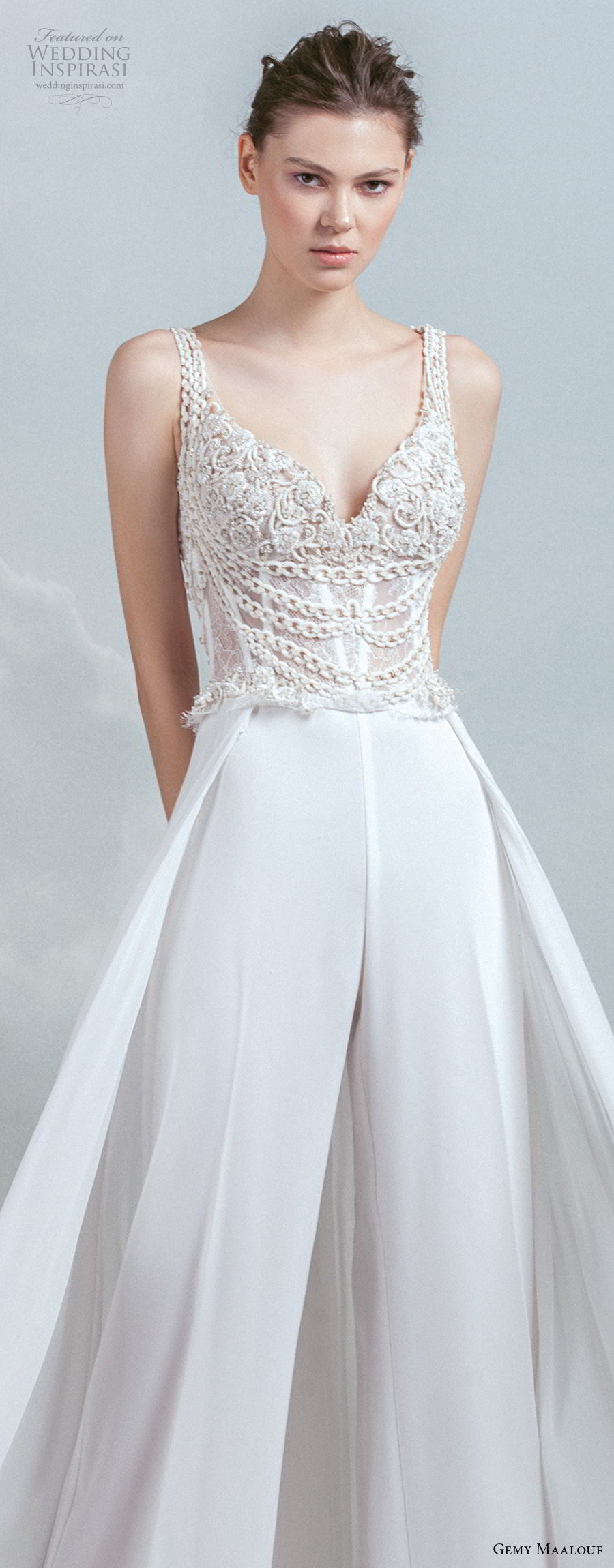 gemy maalouf 2019 bridal sleeveless with strap sweetheart neckline heavily embellished bodice modern long pants wedding dress a  line overskirt chapel train (4) lv