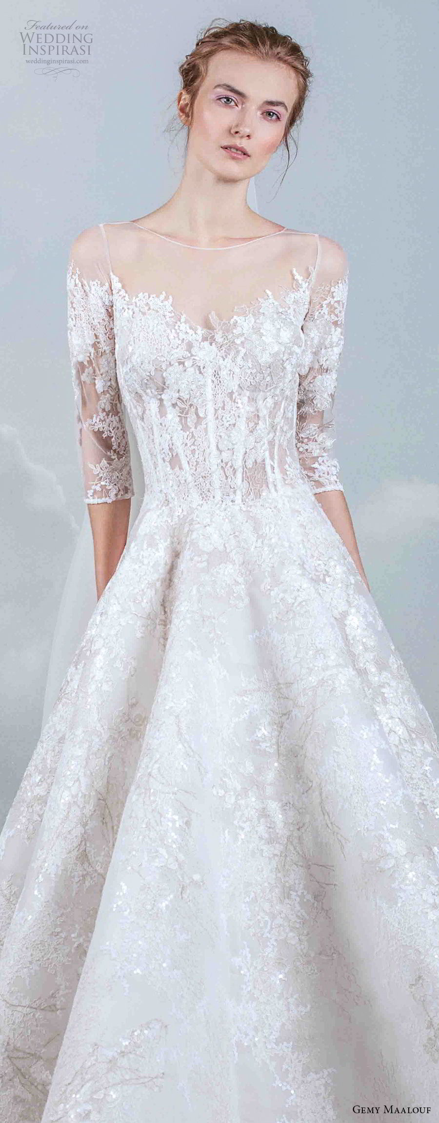 gemy maalouf 2019 bridal three quarter sleeves illusion bateau sweetheart neckline full embellishment romantic a  line wedding dress chapel train (14) zv