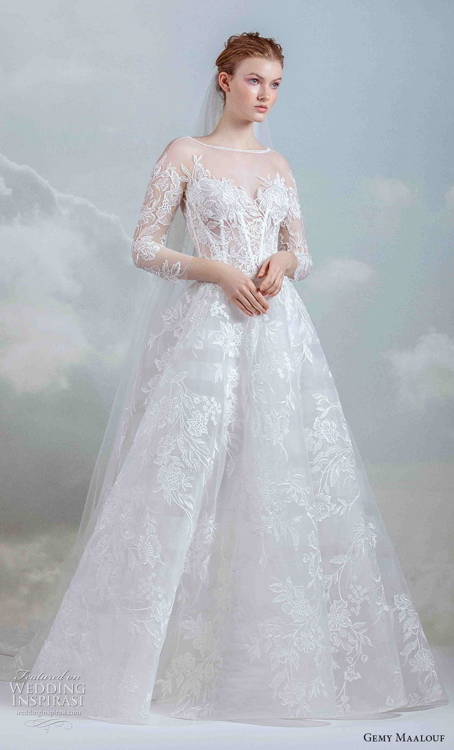 gemy maalouf 2019 bridal three quarter sleeves sheer bateau sweetheart neckline full embellishment elegant a  line wedding dress (11) mv