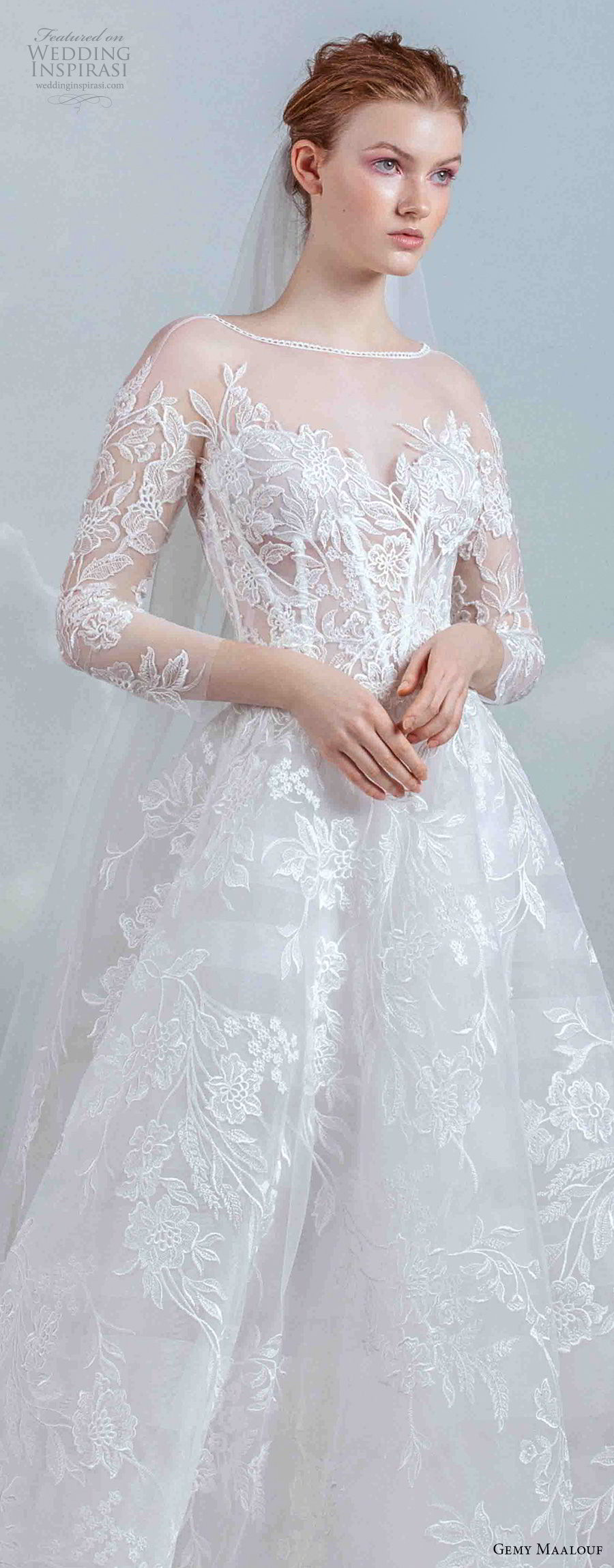 gemy maalouf 2019 bridal three quarter sleeves sheer bateau sweetheart neckline full embellishment elegant a  line wedding dress (11) zv