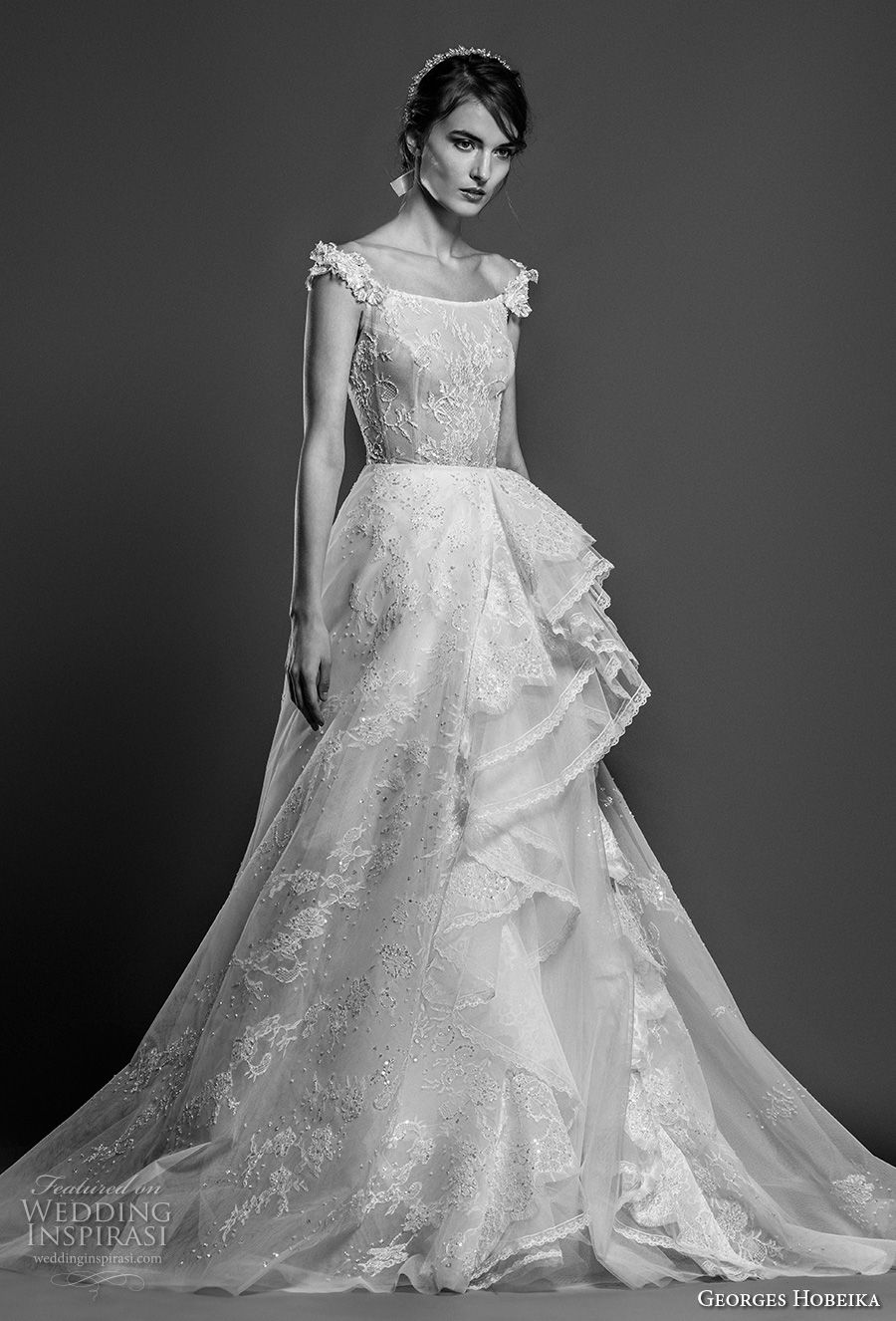 georges hobeika spring 2019 bridal cap sleeves scoop neckline full embellishment layered skirt romantic a  line wedding dress chapel train (20) mv