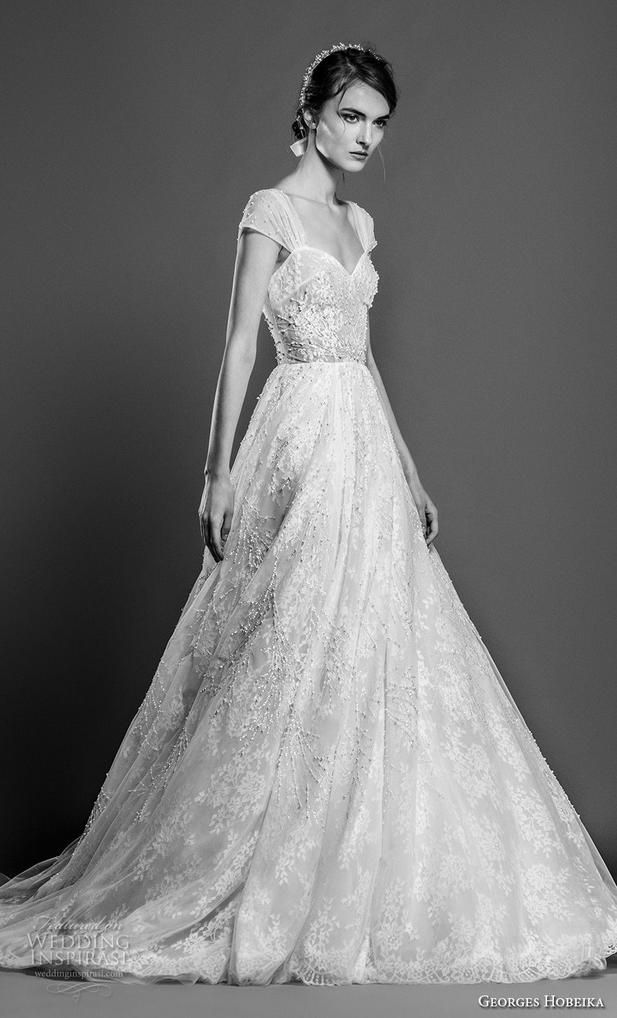 georges hobeika spring 2019 bridal cap sleeves sweetheart neckline full embellishment romantic a  line wedding dress chapel train (14) mv