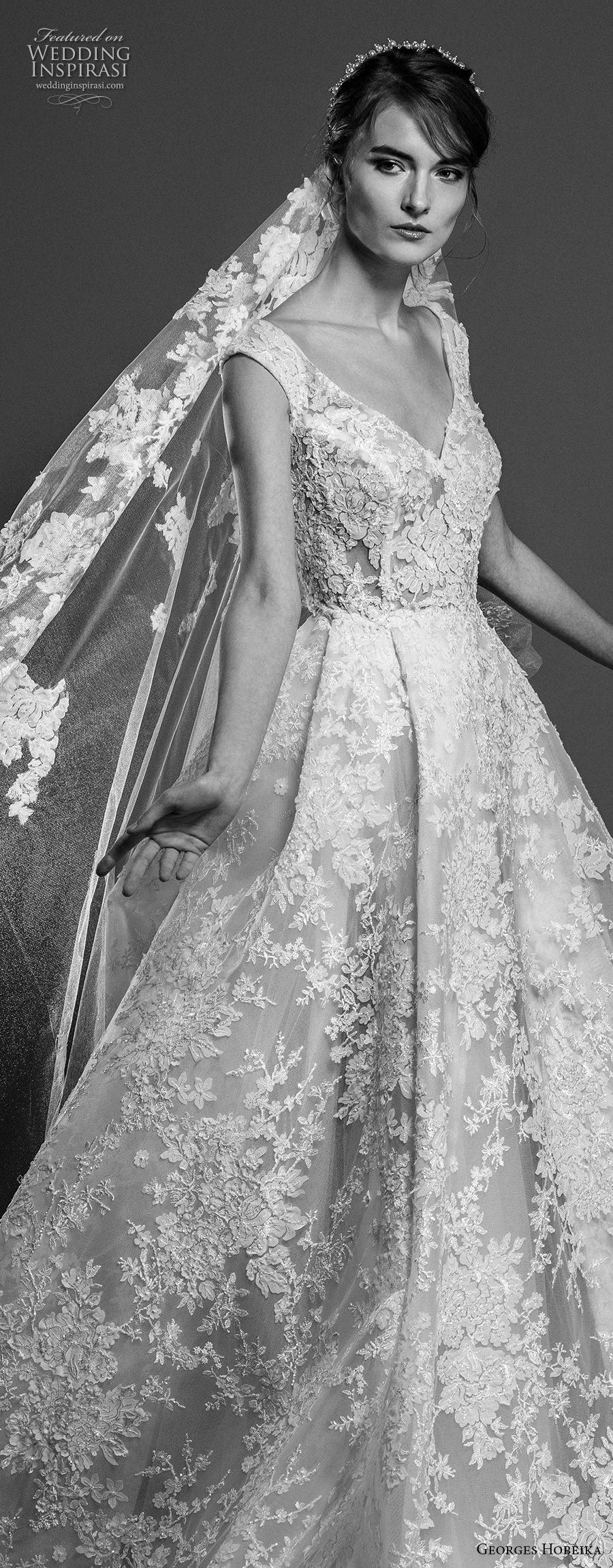 georges hobeika spring 2019 bridal cap sleeves v neck full embellishment princess romantic elegant a  line wedding dress chapel train (4) zv