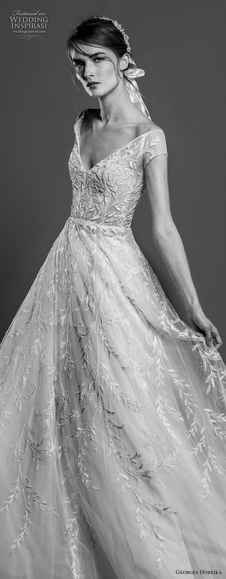 georges hobeika spring 2019 bridal cap sleeves v neck full embellishment romantic elegant a  line wedding dress chapel train (1) zv