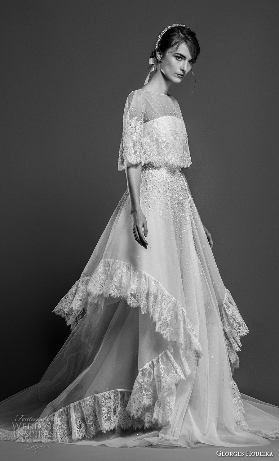 georges hobeika spring 2019 bridal half cornet sleeves sheer bateau straight across neckline capelet layered skirt a  line wedding dress chapel train (12) mv