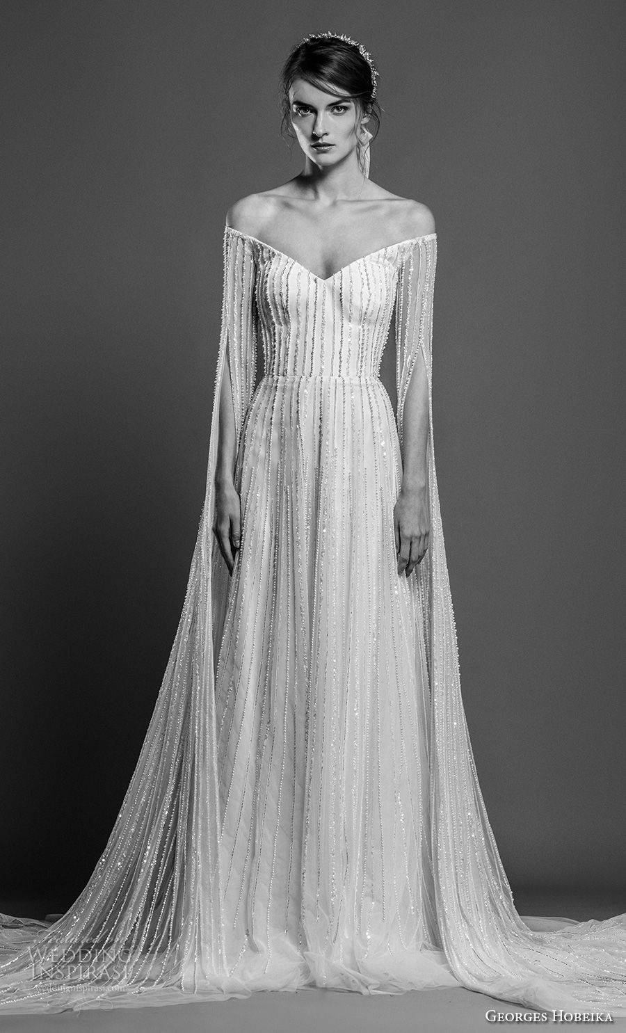 georges hobeika spring 2019 bridal hanging sleeves off the shoulder v neck full embellshment glitzy glamorous a line wedding dress chapel train (16) mv georges hobeika spring 2019 bridal hanging sleeves off the shoulder v neck full embellshment glitzy glamorous a line wedding dress chapel train (16) mv