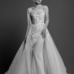 georges hobeika spring 2019 bridal long sleeves illusion bateau neck heavily embellished bodice elegant sheath wedding dress a  line overskirt chapel train (25) mv