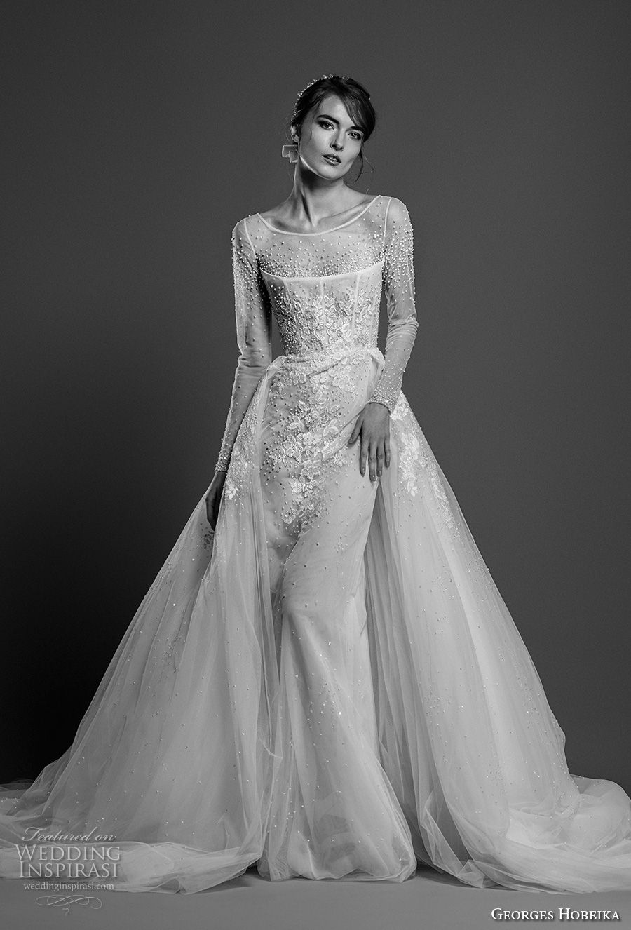 georges hobeika spring 2019 bridal long sleeves illusion bateau neck heavily embellished bodice elegant sheath wedding dress a line overskirt chapel train (25) mv georges hobeika spring 2019 bridal long sleeves illusion bateau neck heavily embellished bodice elegant sheath wedding dress a line overskirt chapel train (25) mv