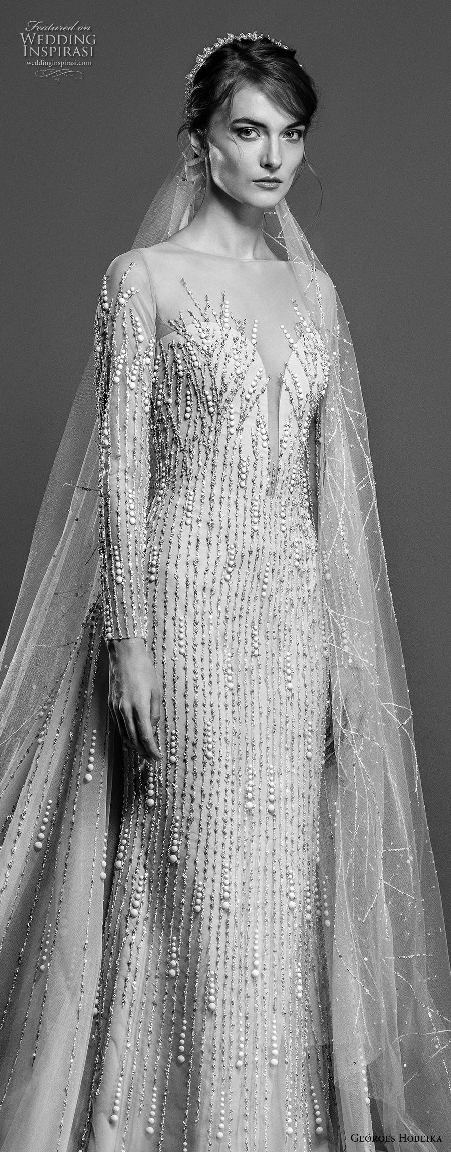 georges hobeika spring 2019 bridal long sleeves illusion jewel deep plunging sweetheart neckline glitzy elegant sheath wedding dress chapel train (6) zv