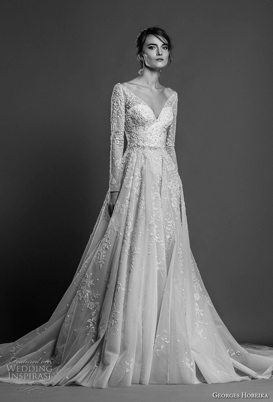 georges hobeika spring 2019 bridal long sleeves illusion v sweetheart neckline full embellishment romantic a line wedding dress chapel train (19) mv georges hobeika spring 2019 bridal long sleeves illusion v sweetheart neckline full embellishment romantic a line wedding dress chapel train (19) mv