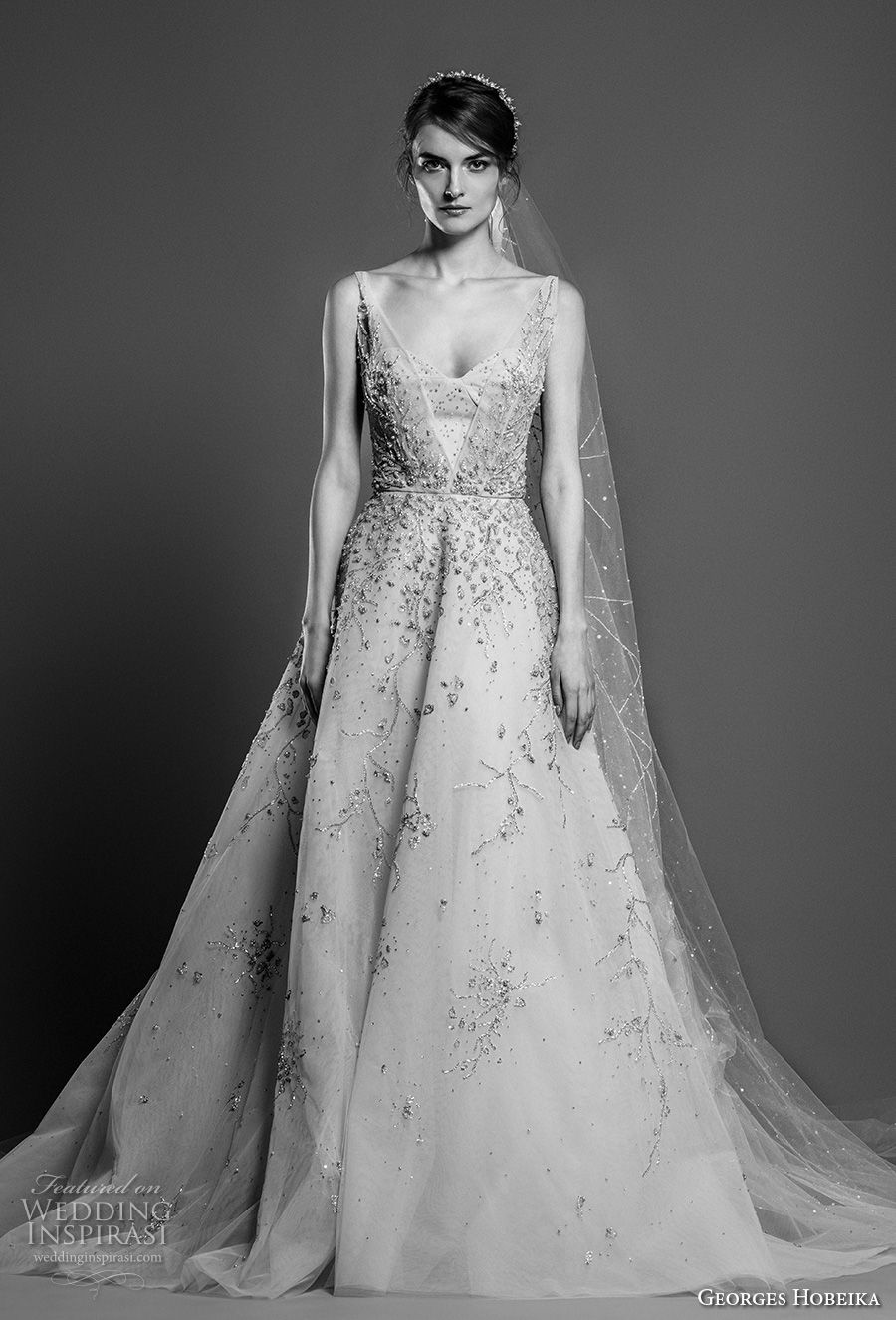 georges hobeika spring 2019 bridal sleeveless scoop neck heavily embellished bodice romantic a  line wedding dress chapel train (21) mv