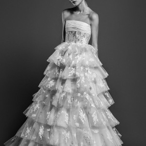georges hobeika spring 2019 bridal strapless straight across neckline full embellishment layered skirt romantic a  line wedding dress chapel train (9) mv