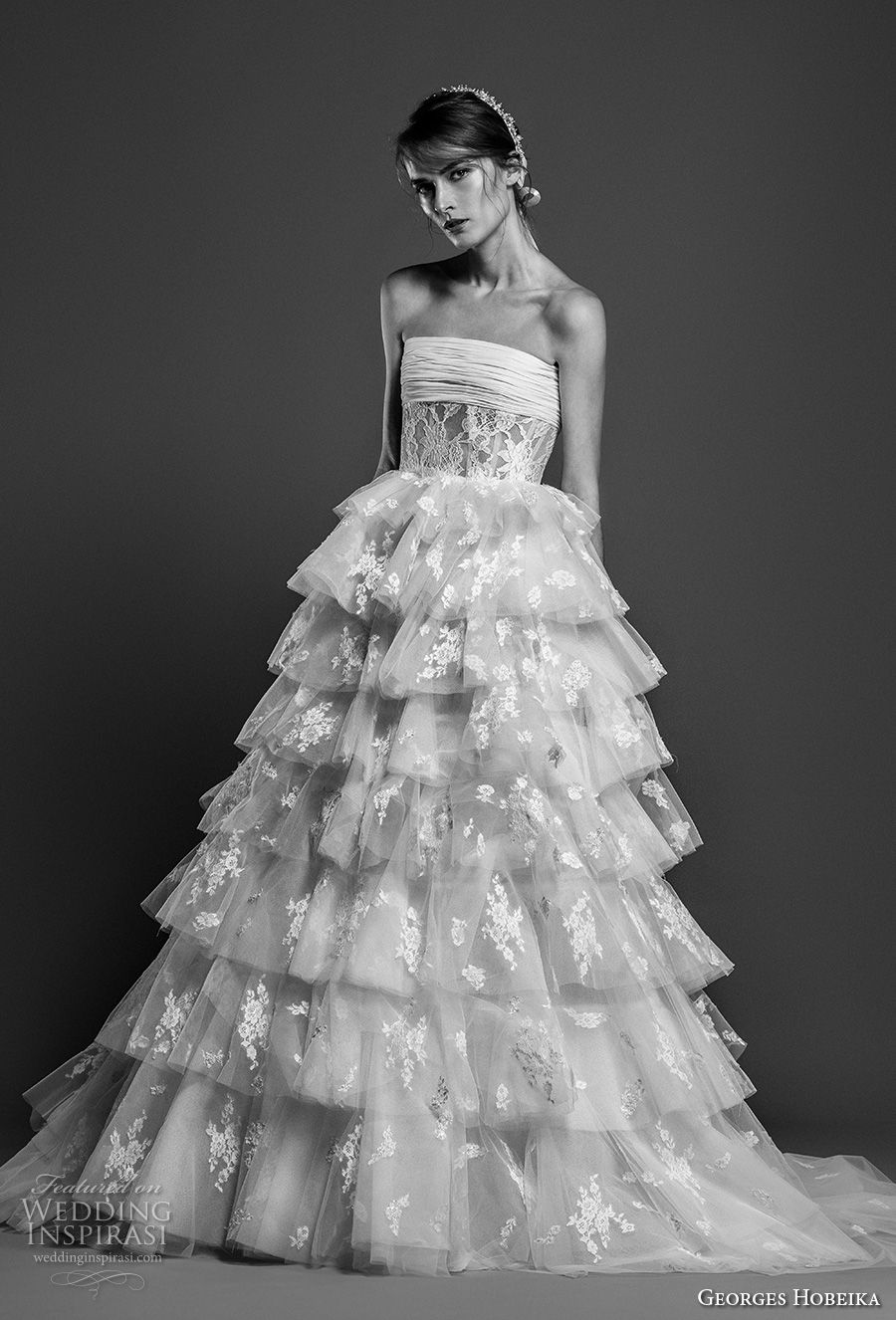 georges hobeika spring 2019 bridal strapless straight across neckline full embellishment layered skirt romantic a line wedding dress chapel train (9) mv georges hobeika spring 2019 bridal strapless straight across neckline full embellishment layered skirt romantic a line wedding dress chapel train (9) mv