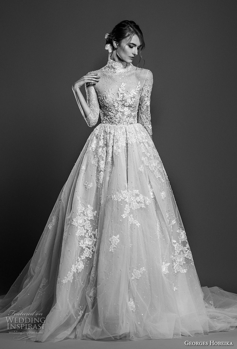 georges hobeika spring 2019 bridal three quarter sleeves high neck heavily embellished romantic a  line wedding dress chapel train (5) mv