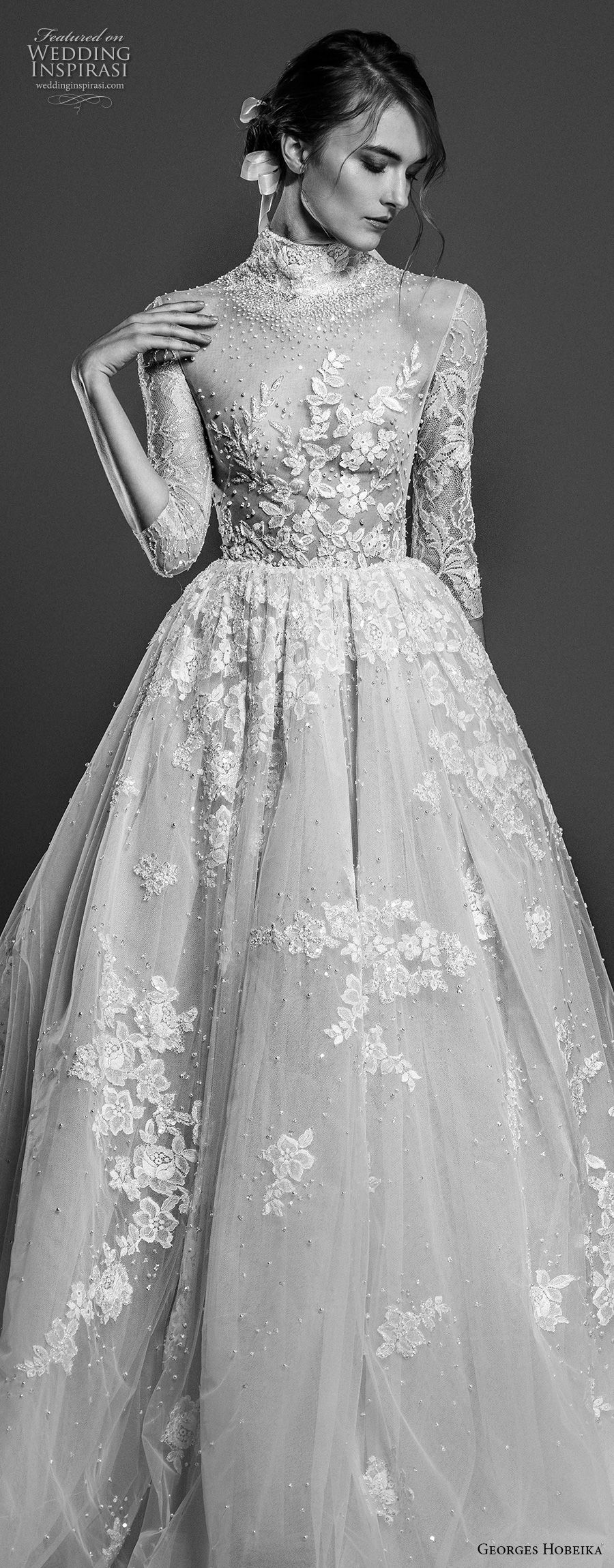 georges hobeika spring 2019 bridal three quarter sleeves high neck heavily embellished romantic a  line wedding dress chapel train (5) zv