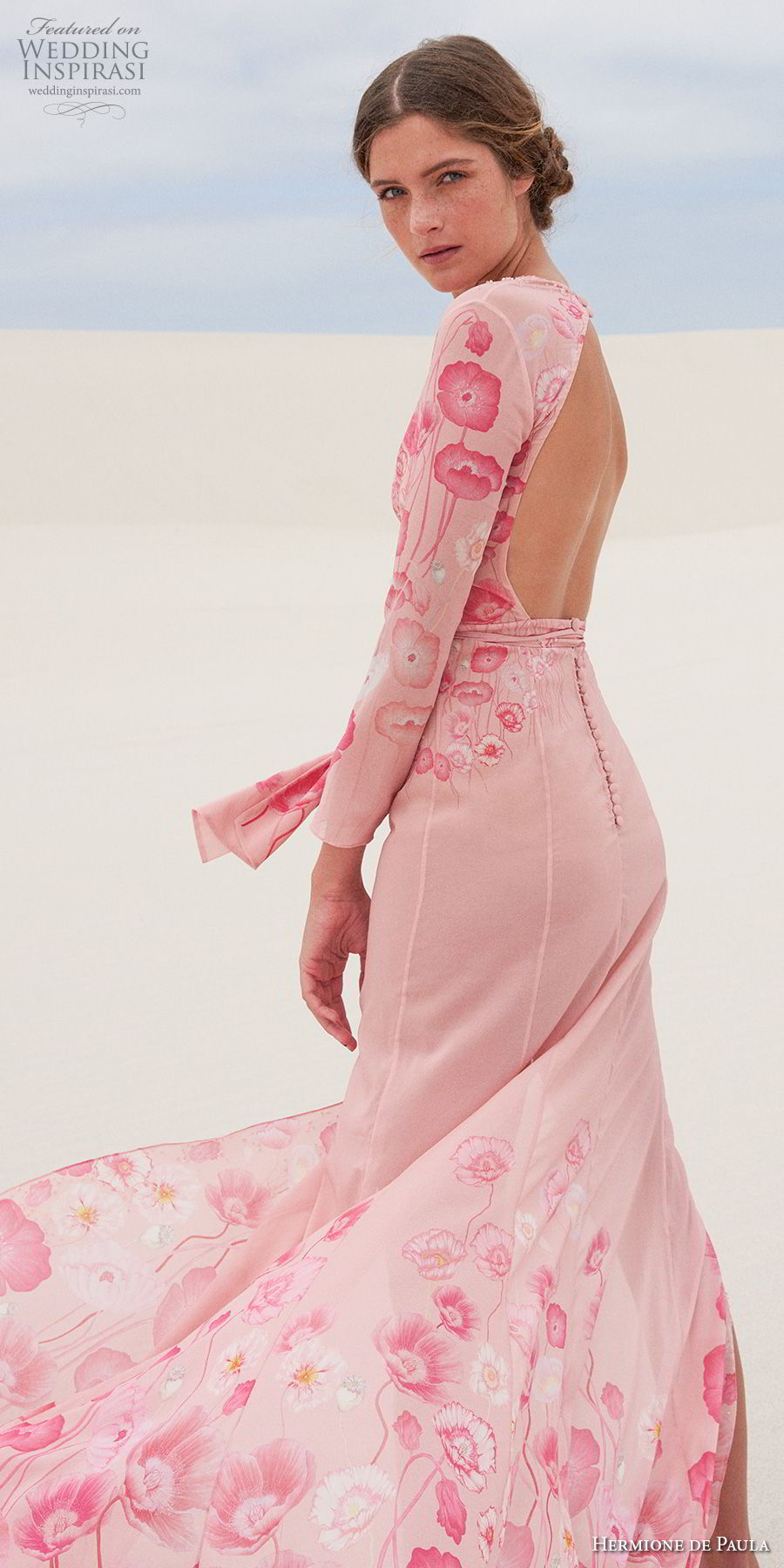 hermione de paula spring 2019 bridal long sleeves v neck heavily embellished bodice hem slit skirt romantic pink sheath wedding dress keyhole back (6) bv mv