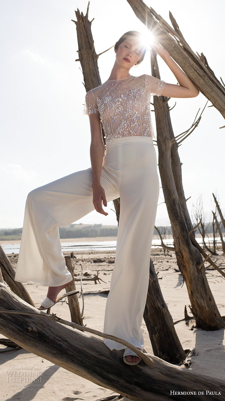 hermione de paula spring 2019 bridal short sleeves jewel neck heavily embellished bodice shirt long pants wedding dress (7) mv