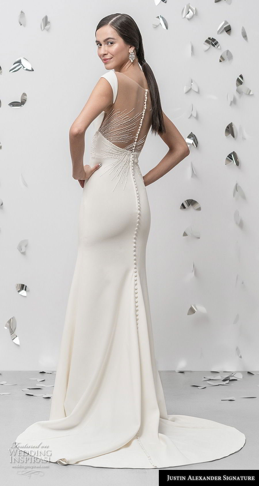 justin alexander fall 2018 signature cap sleeves bateau neck simple minimalist elegant sheath wedding dress sheer button back short train (20) bv