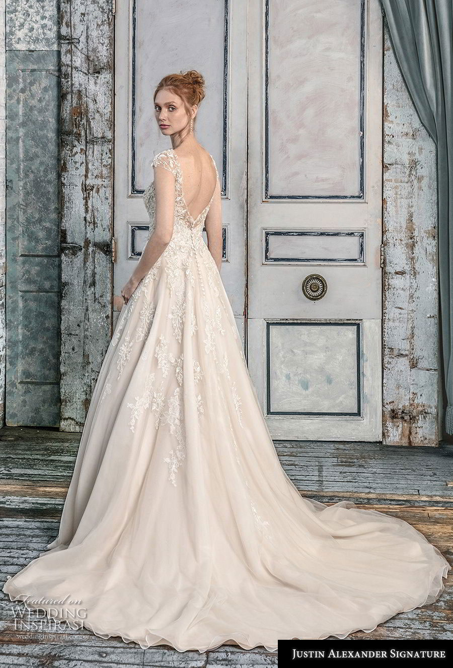 justin alexander fall 2018 signature cap sleeves illusion bateau sweetheart neckline heavily embellished bodice romantic champagne a  line wedding dress open v back chapel train (6) bv