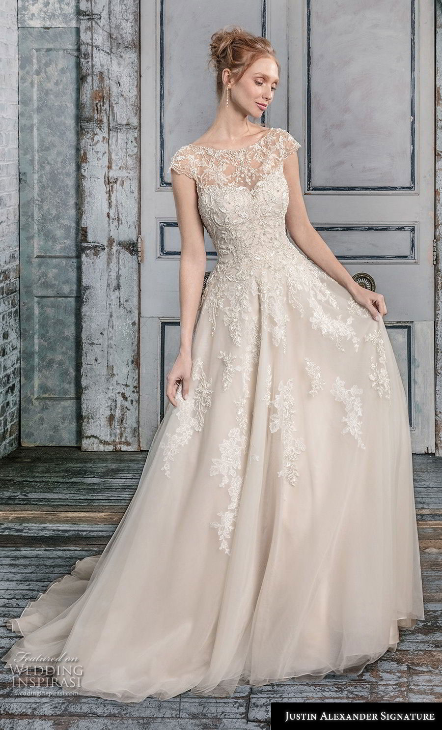 justin alexander fall 2018 signature cap sleeves illusion bateau sweetheart neckline heavily embellished bodice romantic champagne a  line wedding dress open v back chapel train (6) mv