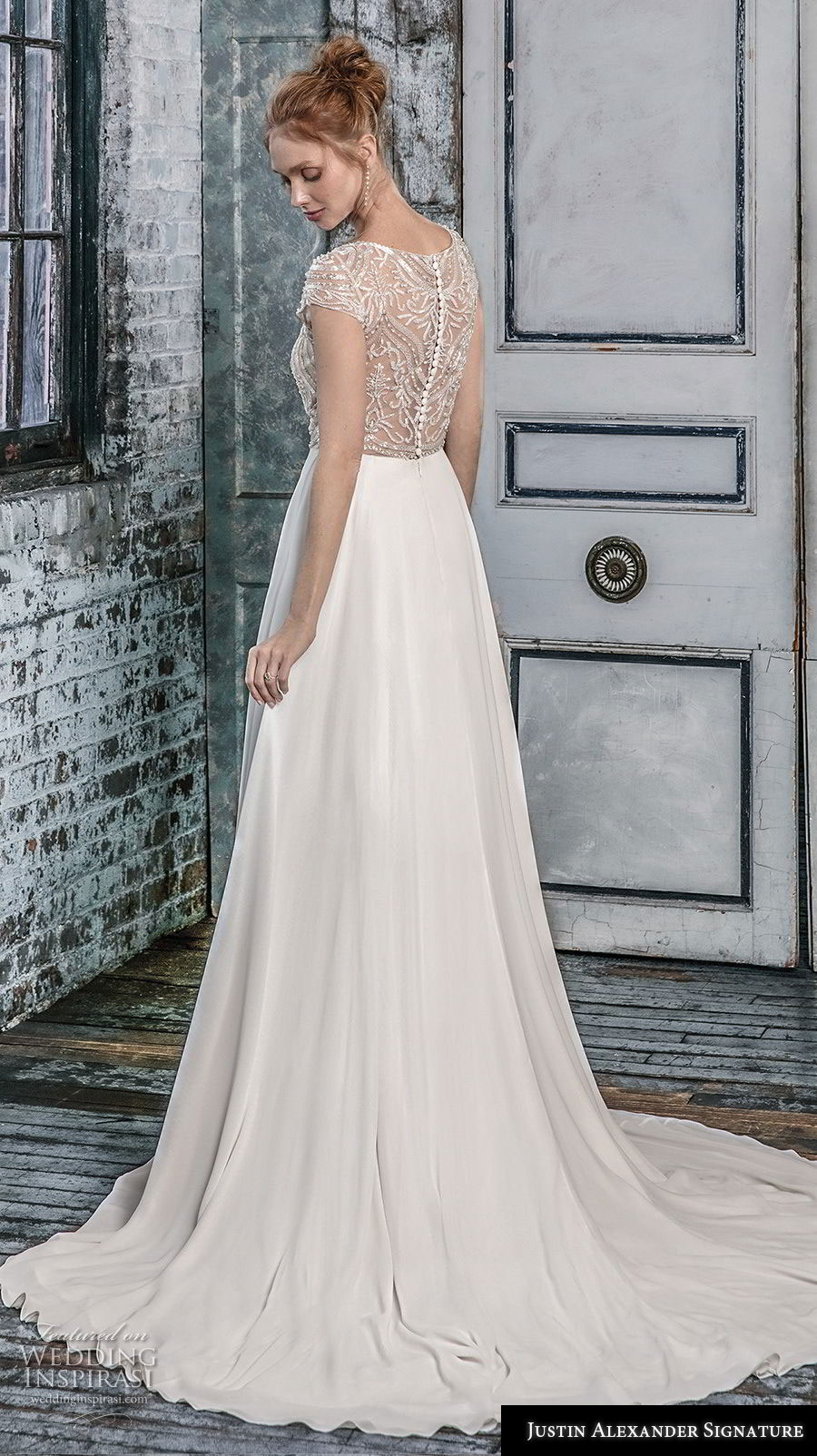 justin alexander fall 2018 signature cap sleeves illusion jewel sweetheart neckline heavily embellished bodice glizty romantic soft a  line wedding dress lace button back short train (14) bv