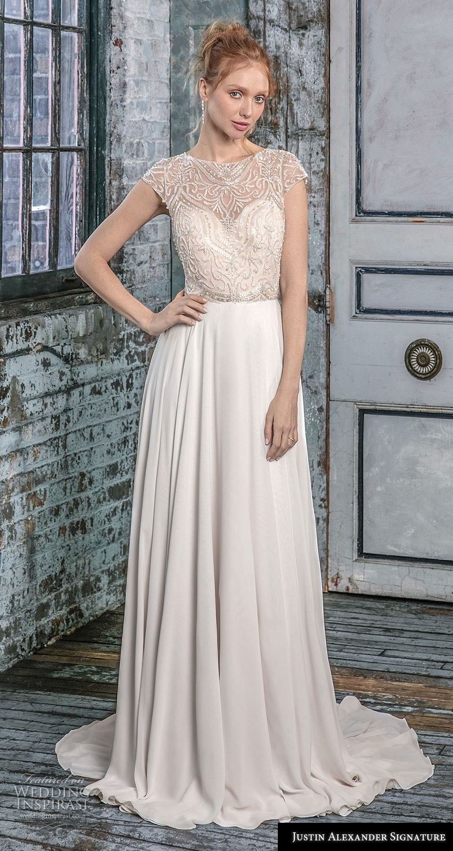 justin alexander fall 2018 signature cap sleeves illusion jewel sweetheart neckline heavily embellished bodice glizty romantic soft a  line wedding dress lace button back short train (14) mv