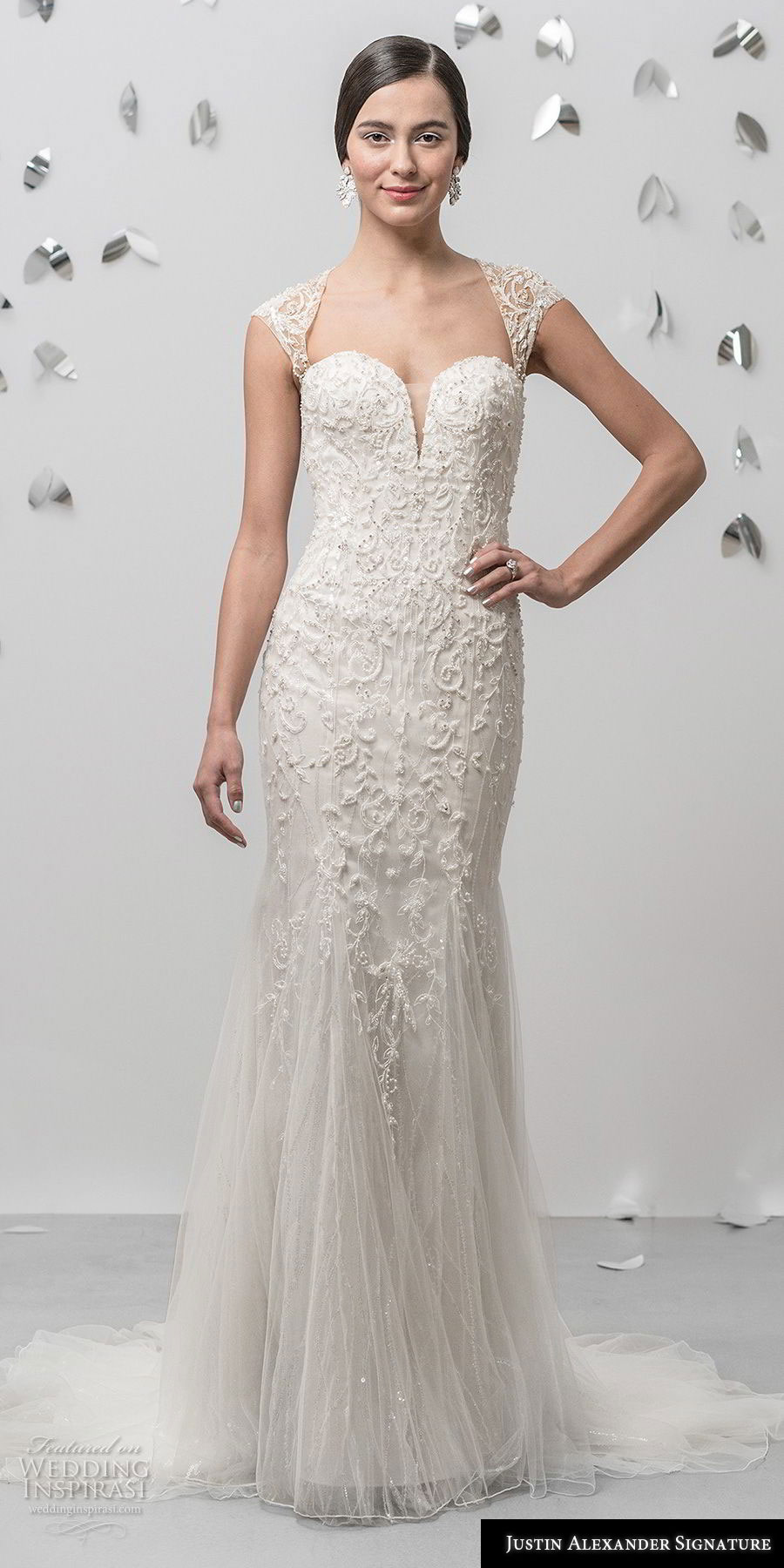 justin alexander fall 2018 signature cap sleeves sweetheart neckline heavily embellished bodice elegant sheath fit and flare wedding dress lace back short train (19) mv justin alexander fall 2018 signature cap sleeves sweetheart neckline heavily embellished bodice elegant sheath fit and flare wedding dress lace back short train (19) mv