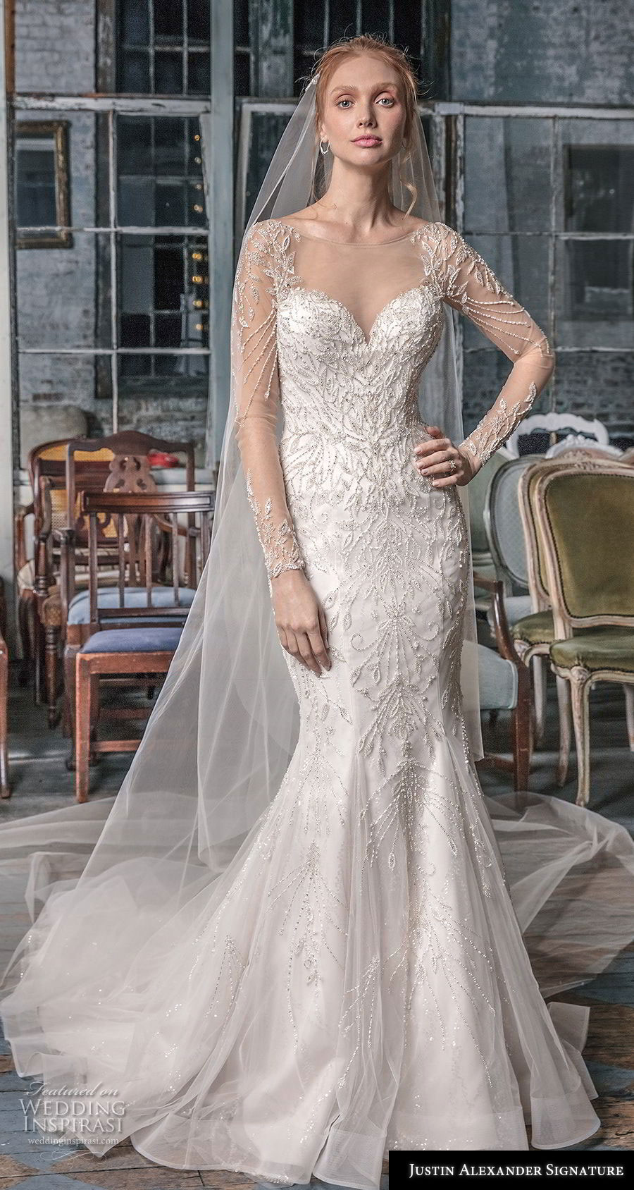 justin alexander fall 2018 signature long sleeves illusion bateau sweetheart neckline full embellishment glitzy elegant fit and flare wedding dress sheer lace back sweep train (7) mv