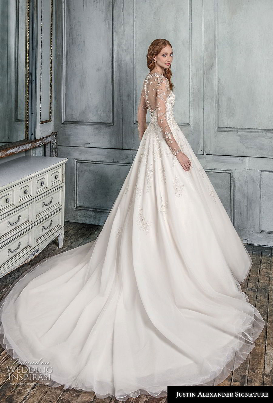 justin alexander fall 2018 signature long sleeves illusion jewel heavily embellished bodice glitzy romantic glamorous ball gown a line wedding dress sheer button back chapel train (8) bv justin alexander fall 2018 signature long sleeves illusion jewel heavily embellished bodice glitzy romantic glamorous ball gown a line wedding dress sheer button back chapel train (8) bv